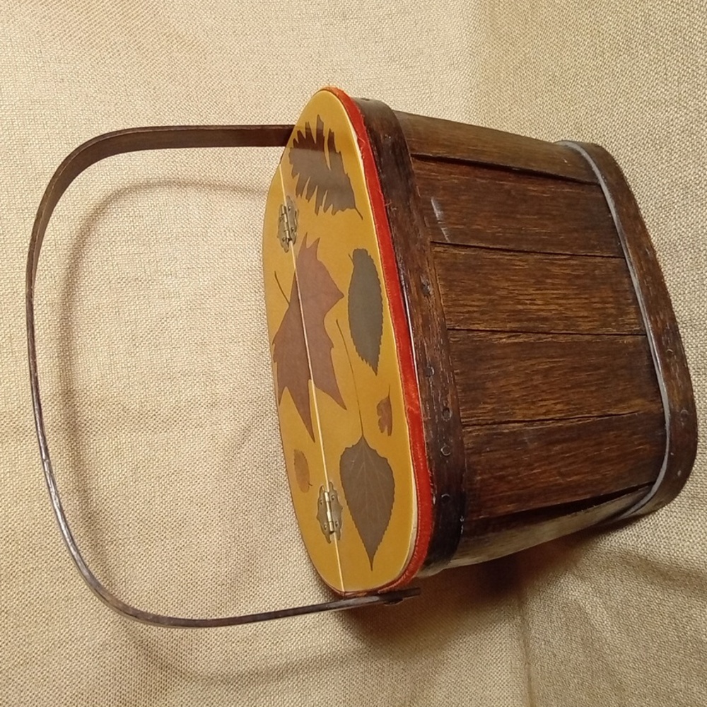 Vintage Hand Crafted Decopage Wooden Basket Handbag - Autumn